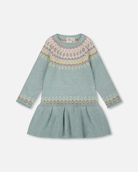 Jacquard Sweater Dress With Ribbed Skirt Jade Green