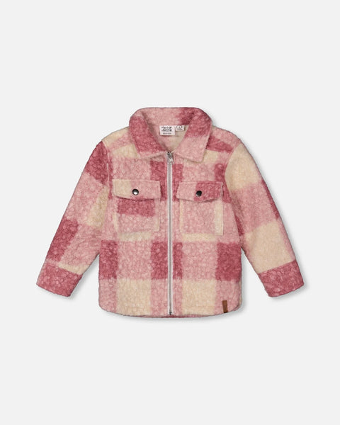 Zipped Plaid Sherpa Jacket Pink Plaid