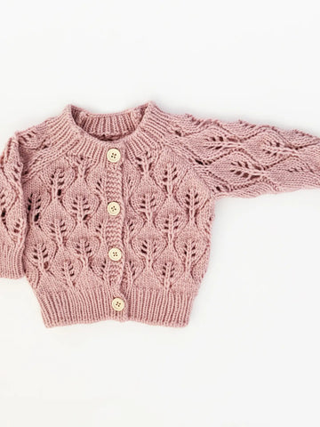 Leaf Lace Hand Knit Cardigan Sweater Rosy Pink
