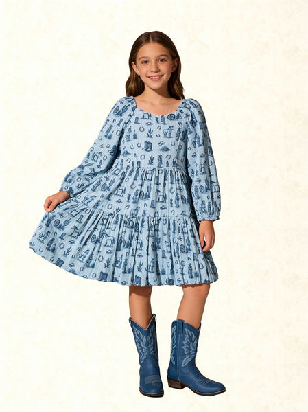 Blue Western Toile Daphne Dress