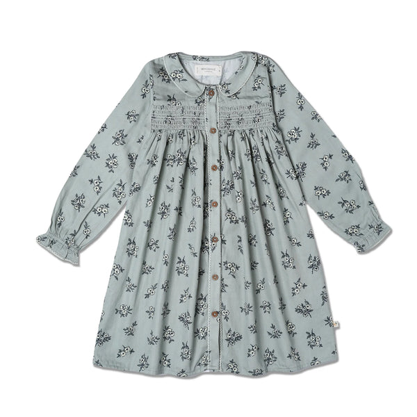 Organic Smocked Button Dress - Sage Bloom