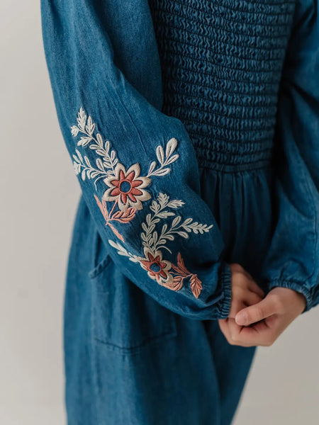 Smocked Embroidery Jumpsuit-Chambray