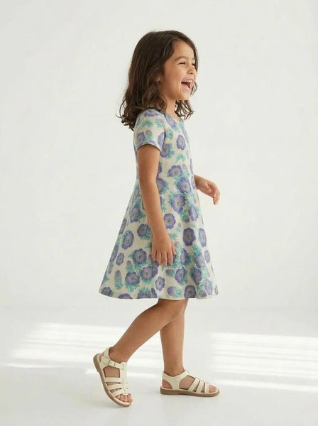 Short Sleeve Twirl Dress: Purple Poppies