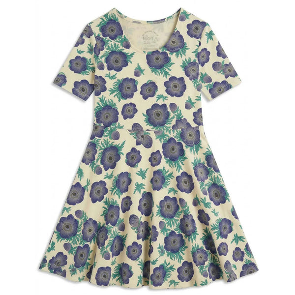 Short Sleeve Twirl Dress: Purple Poppies