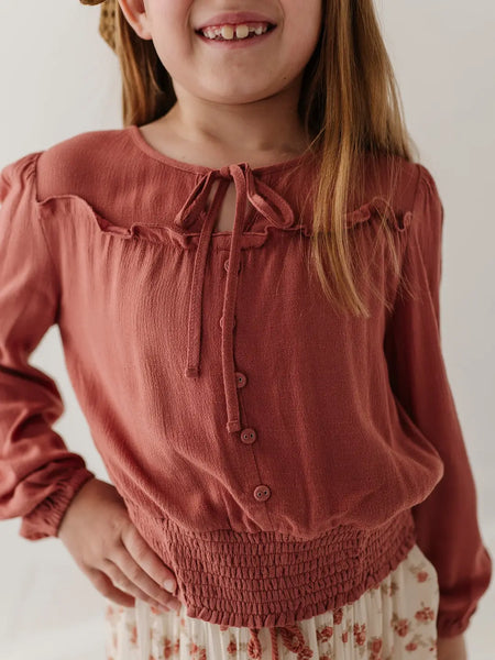 Peasant Blouson Long Sleeve Top-Brick Dust