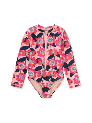 Long Sleeve One-Piece Swimsuit/Block Print Passion Flower