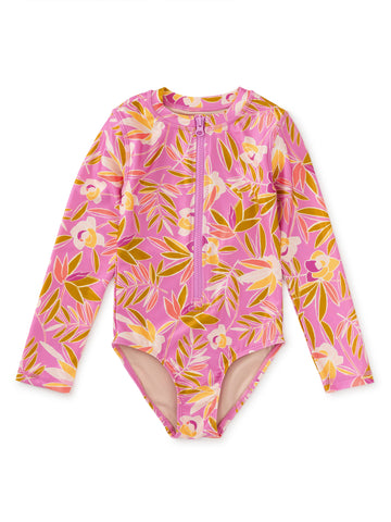 Long Sleeve One-Piece Swimsuit/Tropical Gardenias