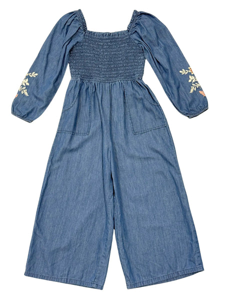 Smocked Embroidery Jumpsuit-Chambray
