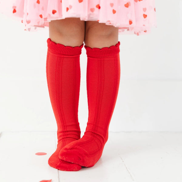 Scalloped Knee High Socks-Bright Red