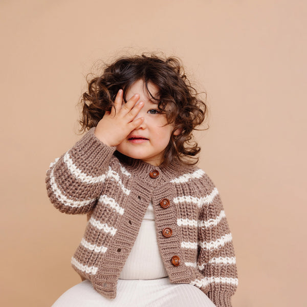 Rib Knit Stripe Cardigan-Tan