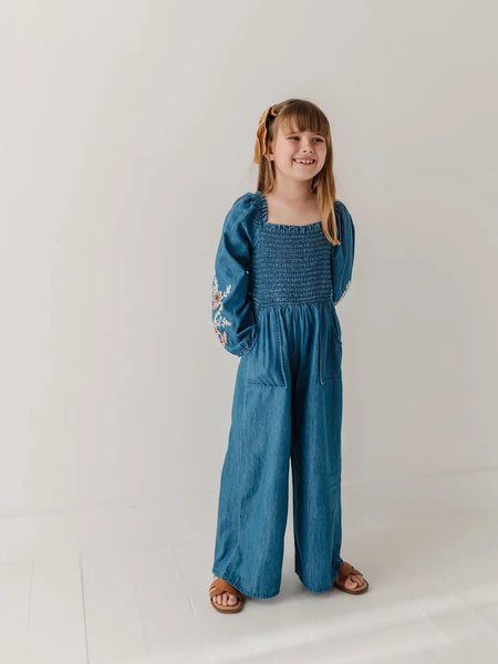Smocked Embroidery Jumpsuit-Chambray