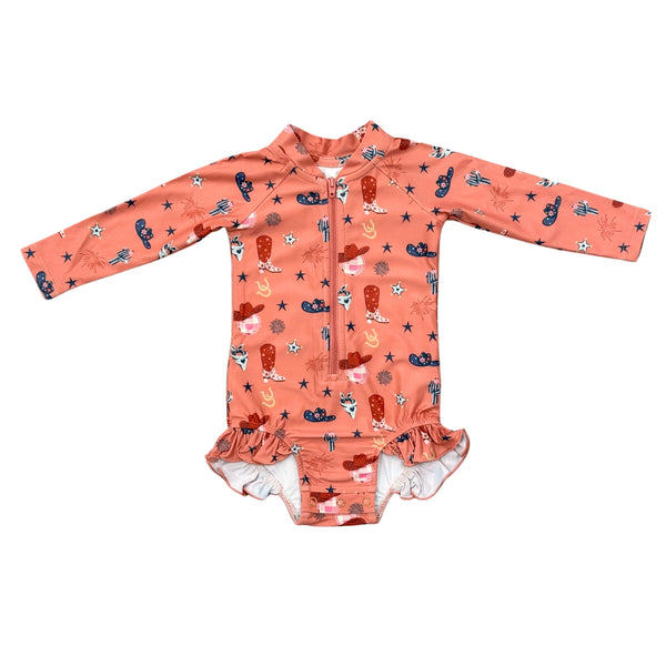 One-Piece Ruffle Rash Guard Swimsuit-American Cowgirl
