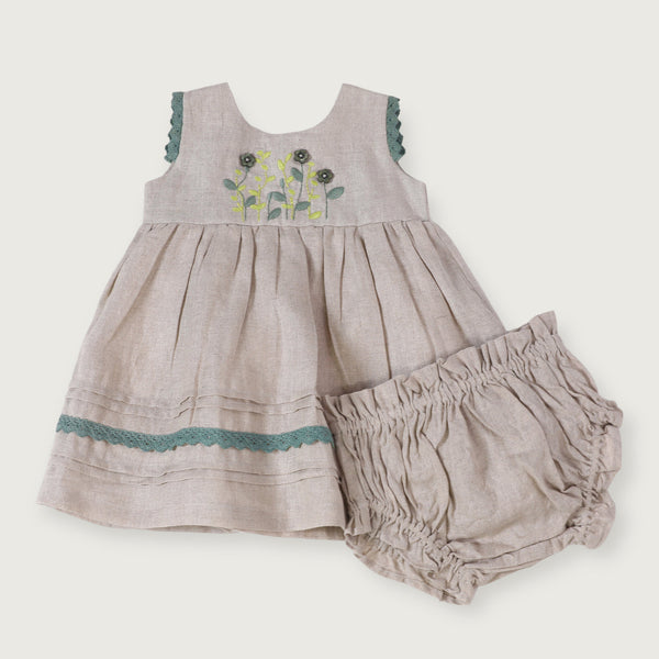 Sylvie Embroidered Linen Baby Dress+Bloomer
