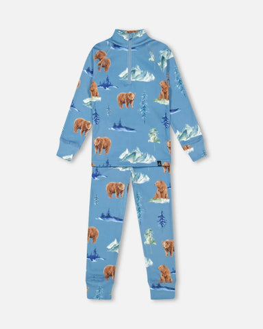 Two Piece Thermal Underwear Set Blue With Bear Print