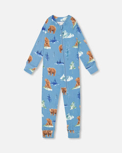 One Piece Thermal Underwear Set Blue With Bear Print