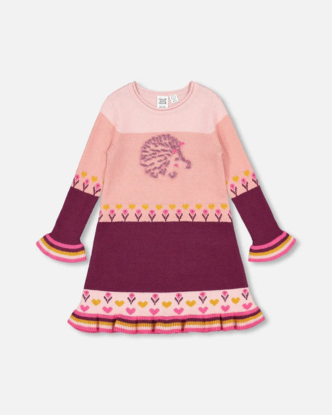 Knitted Sweater Dress Pink With Hedgehog