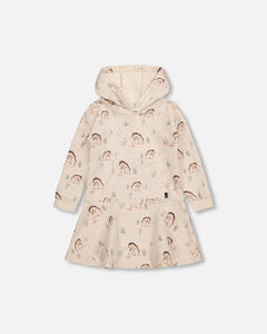 Hooded French Terry Dress Deer Print-Oat