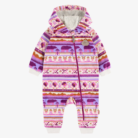 One piece with winter pattern and hood in fleece-Purple