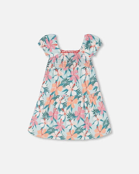 Smocked Crinkle Dress Blue Printed Beach Hibiscus