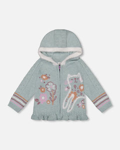 Jacquard Hooded Knit Cardigan Light Turquoise