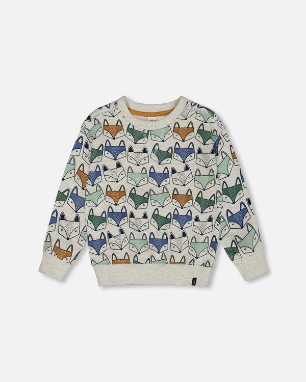 Printed Fox Fleece Sweatshirt -Gray Mix