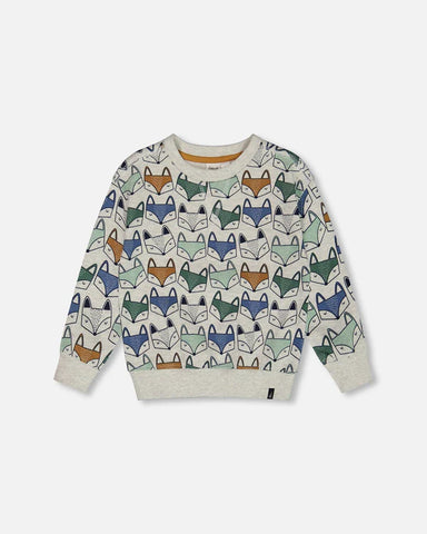 Printed Fox Fleece Sweatshirt -Gray Mix