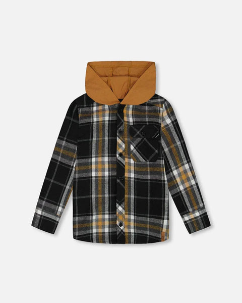 Flannel Shirt With Hood Plaid Black And Caramel