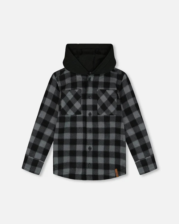 Polar Fleece Shirt With Hood Black Plaid