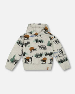 Printed Forest Animals Fleece Hooded Sweatshirt -Gray Mix