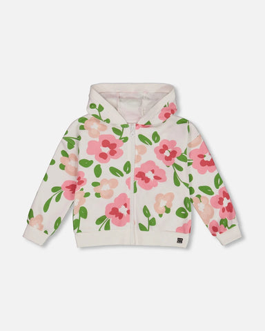 Printed French Terry Cardigan With Hood-Flowers