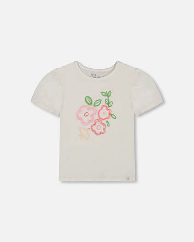 Tee With Puff Sleeve Pink Flower