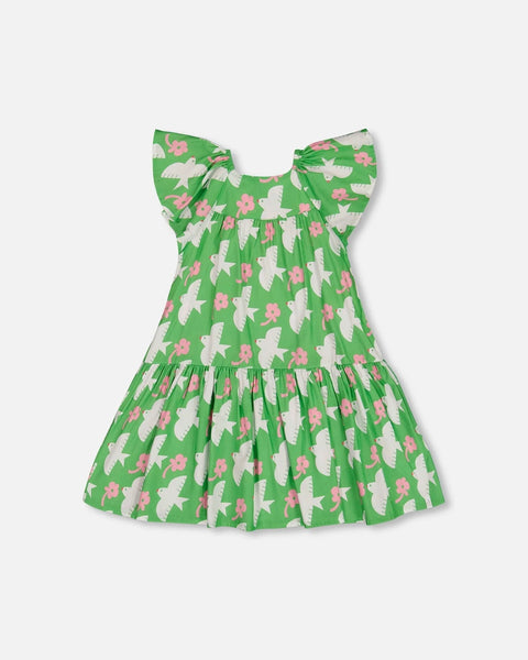 Printed Dress With Flounce Sleeves-Birds