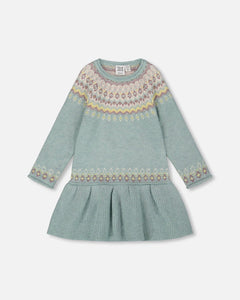 Jacquard Sweater Dress With Ribbed Skirt Jade Green