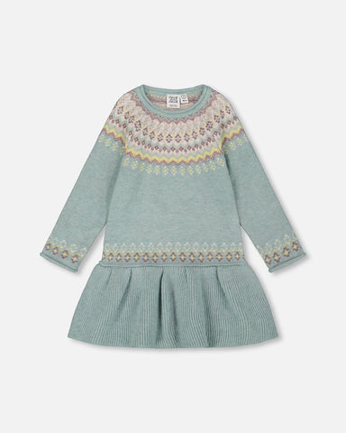 Jacquard Sweater Dress With Ribbed Skirt Jade Green