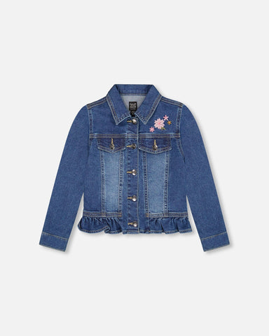 Denim Jacket With Ruffle Hem And Embroidery