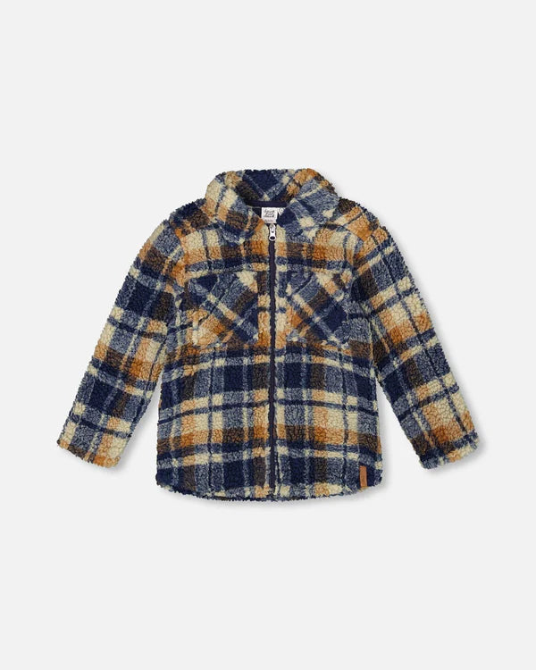 Sherpa Zip Front Overshirt Blue And Brown Plaid