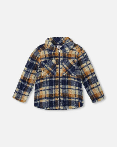 Sherpa Zip Front Overshirt Blue And Brown Plaid
