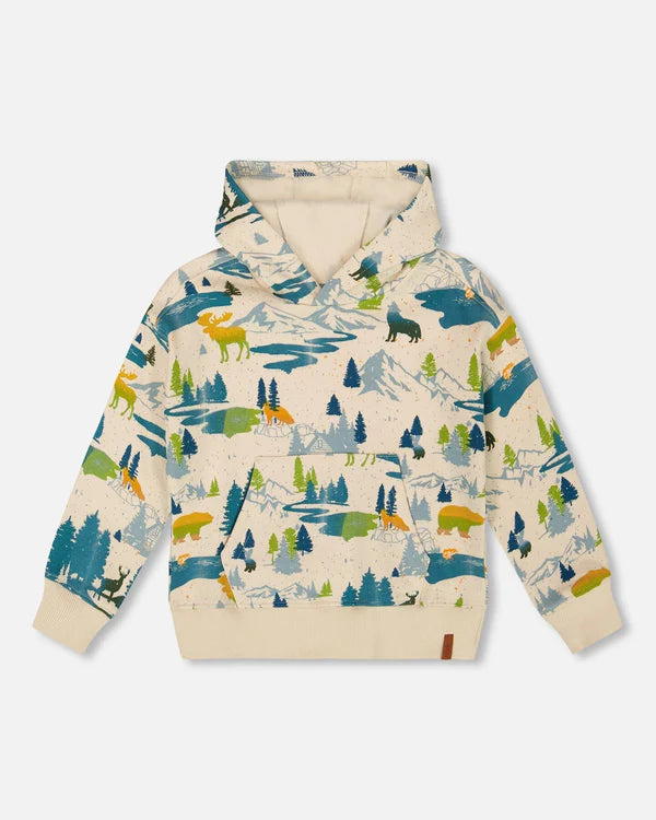 Printed Hooded Fleece Sweatshirt Beige