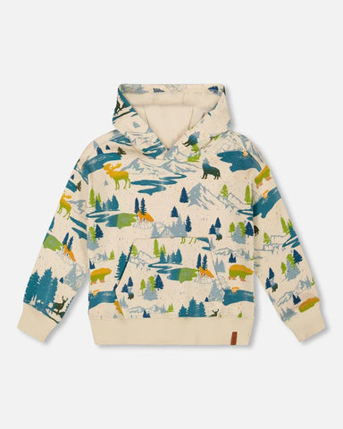 Printed Hooded Fleece Sweatshirt Beige