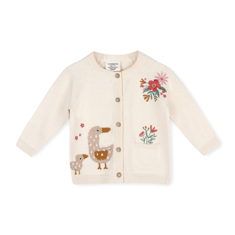 Duck Embroidered Cardigan -Natural