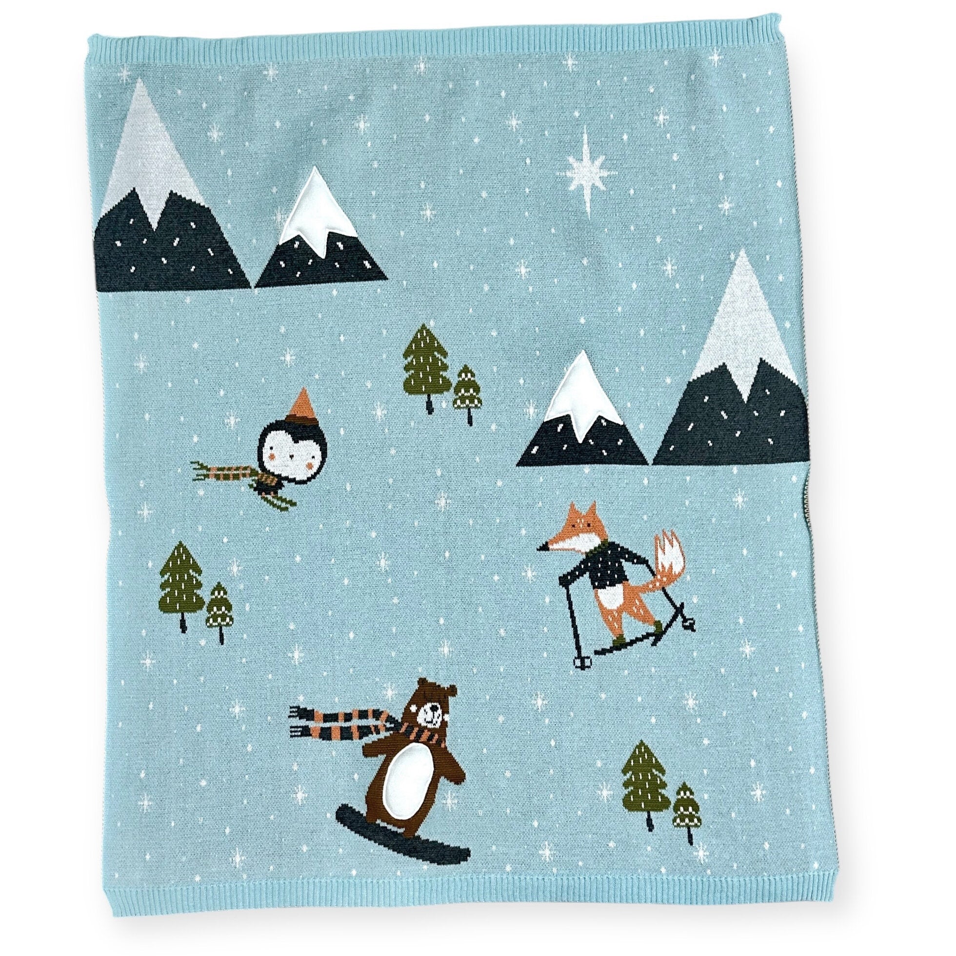 Fox & Bear Ski 3D - Organic Cotton Knit Baby Blanket