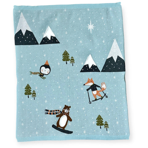 Fox & Bear Ski 3D - Organic Cotton Knit Baby Blanket