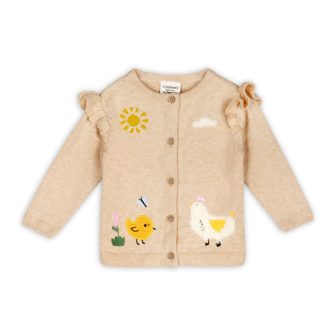 Chicken Little Embroidered Cardigan -Oat Heather