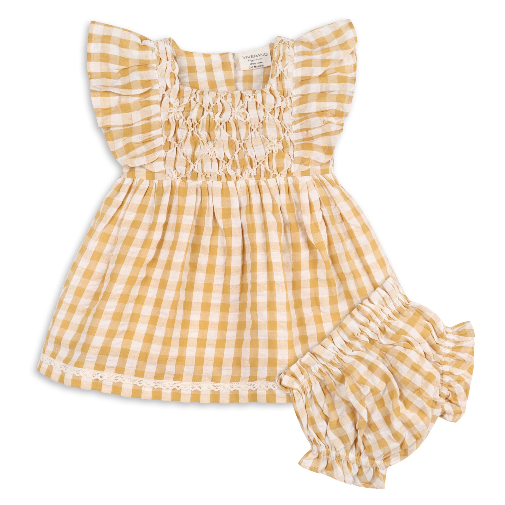 Alina Hand-smocked Dress + Bloomer  - Mustard Gingham