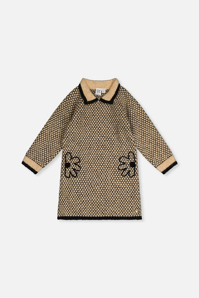 Knit Dress With Collar- Beige And Black