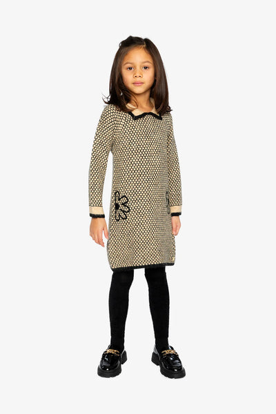 Knit Dress With Collar- Beige And Black