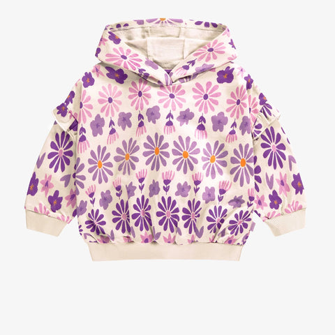 Cream hoodie with purple floral print in French terry