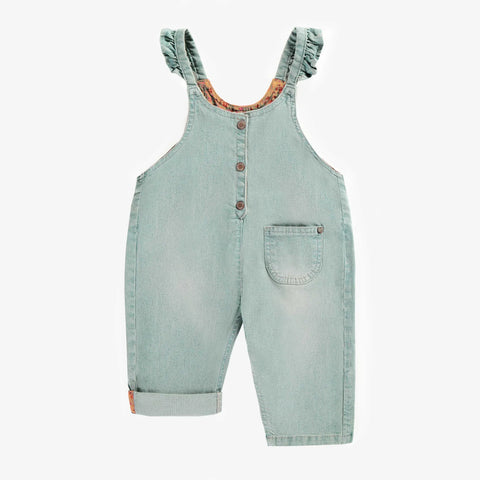 Loose fit overalls with ruffles and straight leg in denim railroad