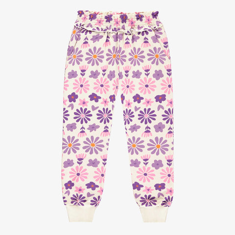 Cream pants with purple floral print in French terry