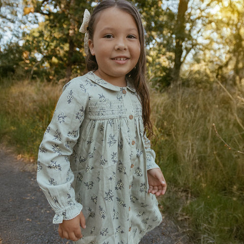 Organic Smocked Button Dress - Sage Bloom